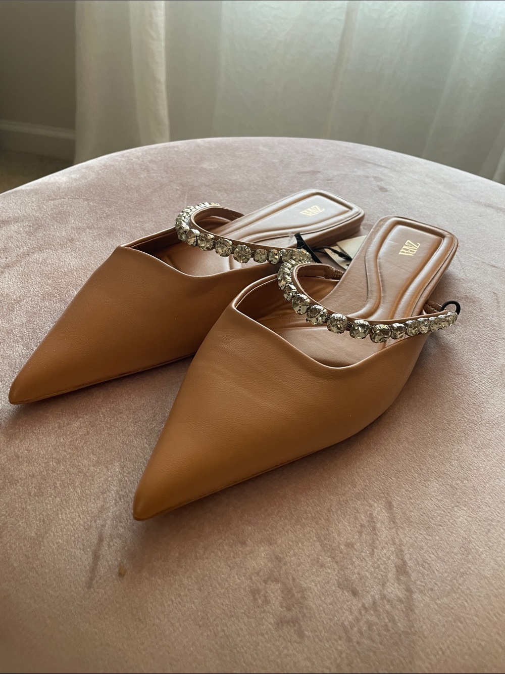 Zara Brown Pointed Toe Mules with Crystal Strap